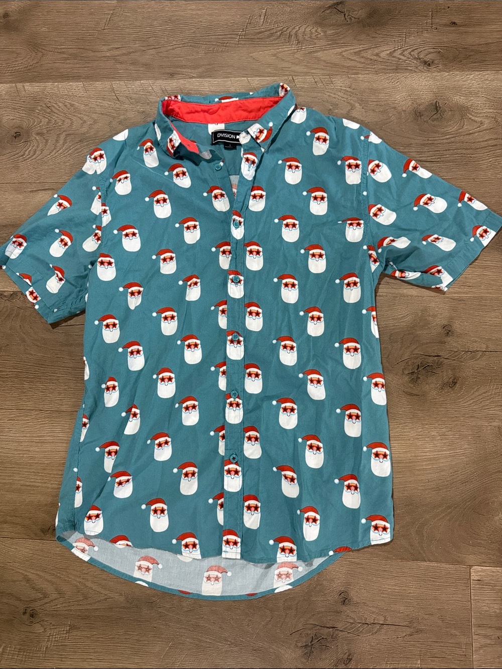 Teal Short-Sleeve Santa Print Button-Down Shirt